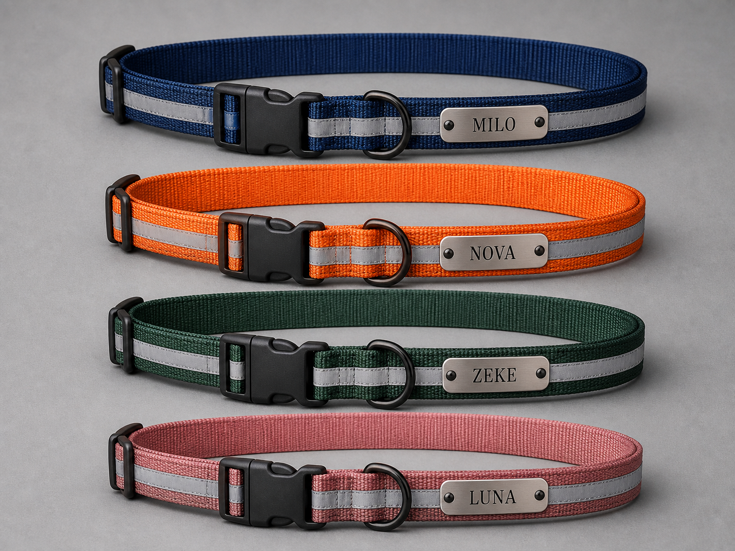 Four personalized reflective dog collars in blue, orange, green and rose