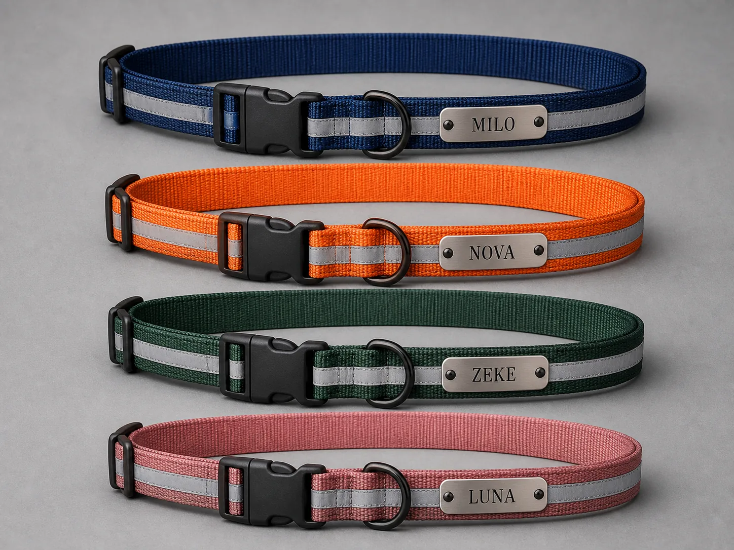 Four personalized reflective dog collar color choices displayed in full