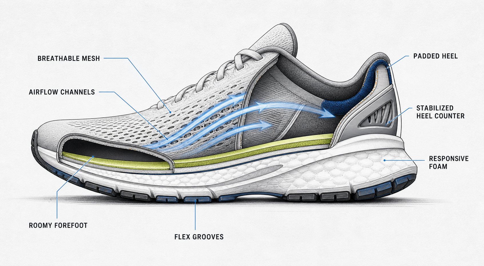 Technical cutaway sketch showing OPTCLA AeroMax Runner breathable mesh, airflow channels, padded heel, responsive foam, roomy forefoot, and flex grooves